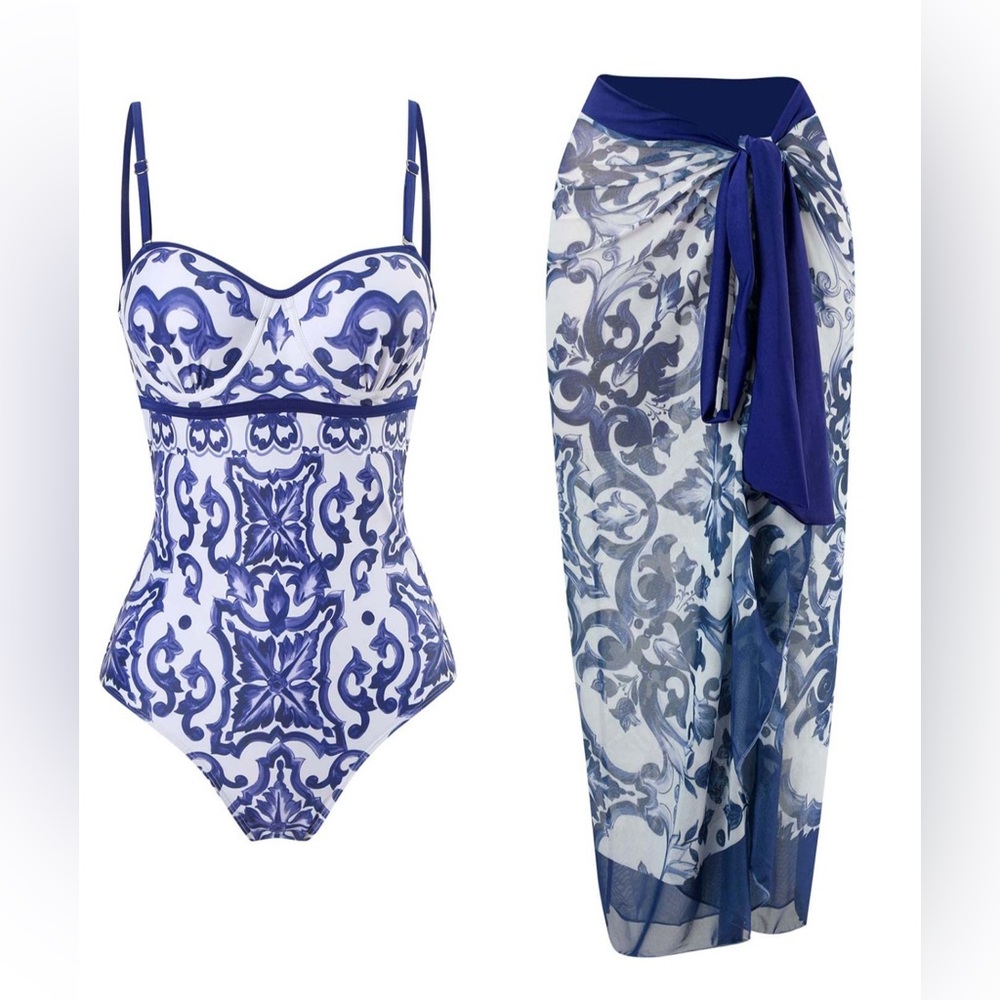 One Piece Swimsuit with Coordinating Wrap Sarong Coverup NWOT Medium